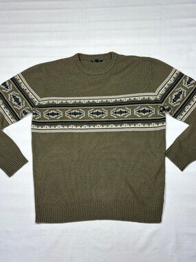 Stoic Green Fair Isle Crewneck Sweater Mens Medium Southwestern Knit Pullover